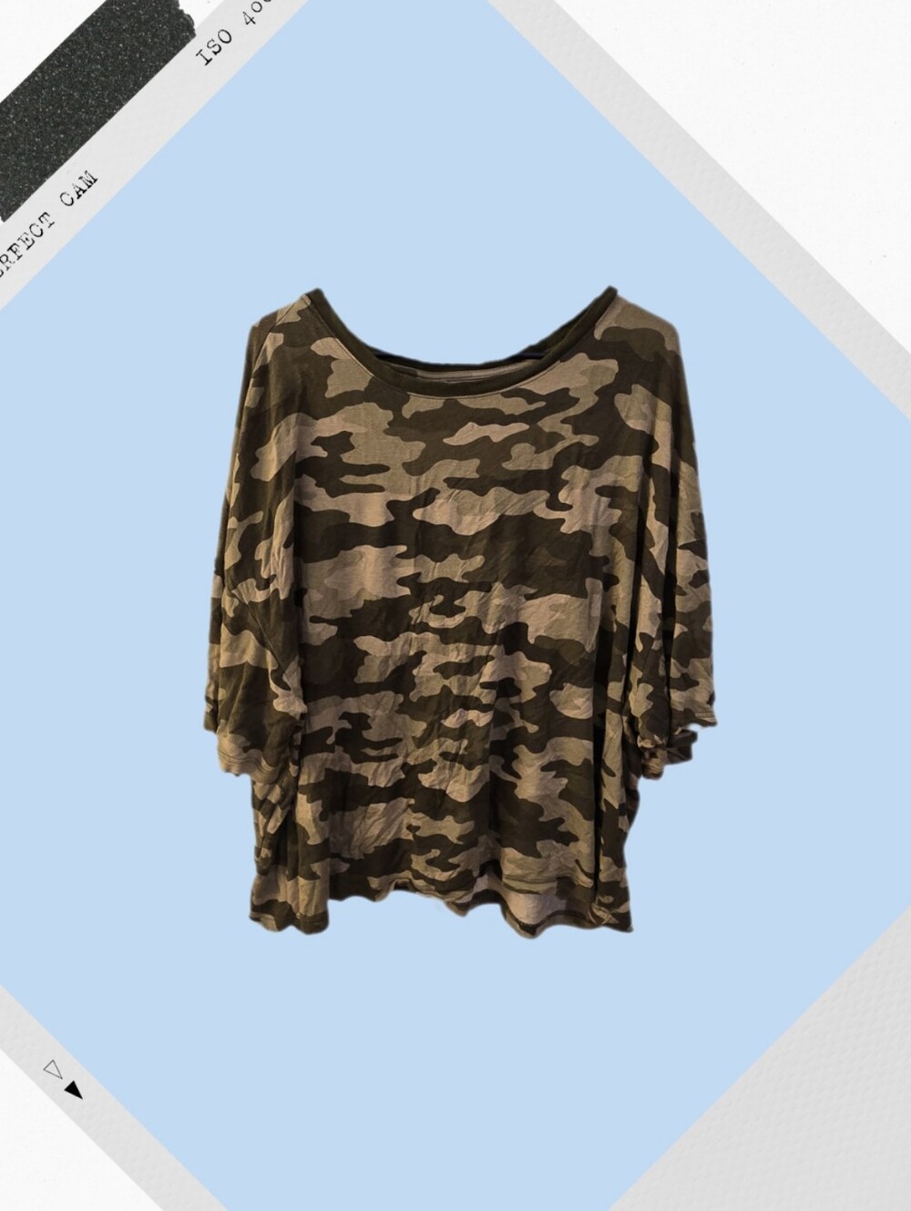 Secret Treasures Olive and Tan Camo Dolman Sleeve Top